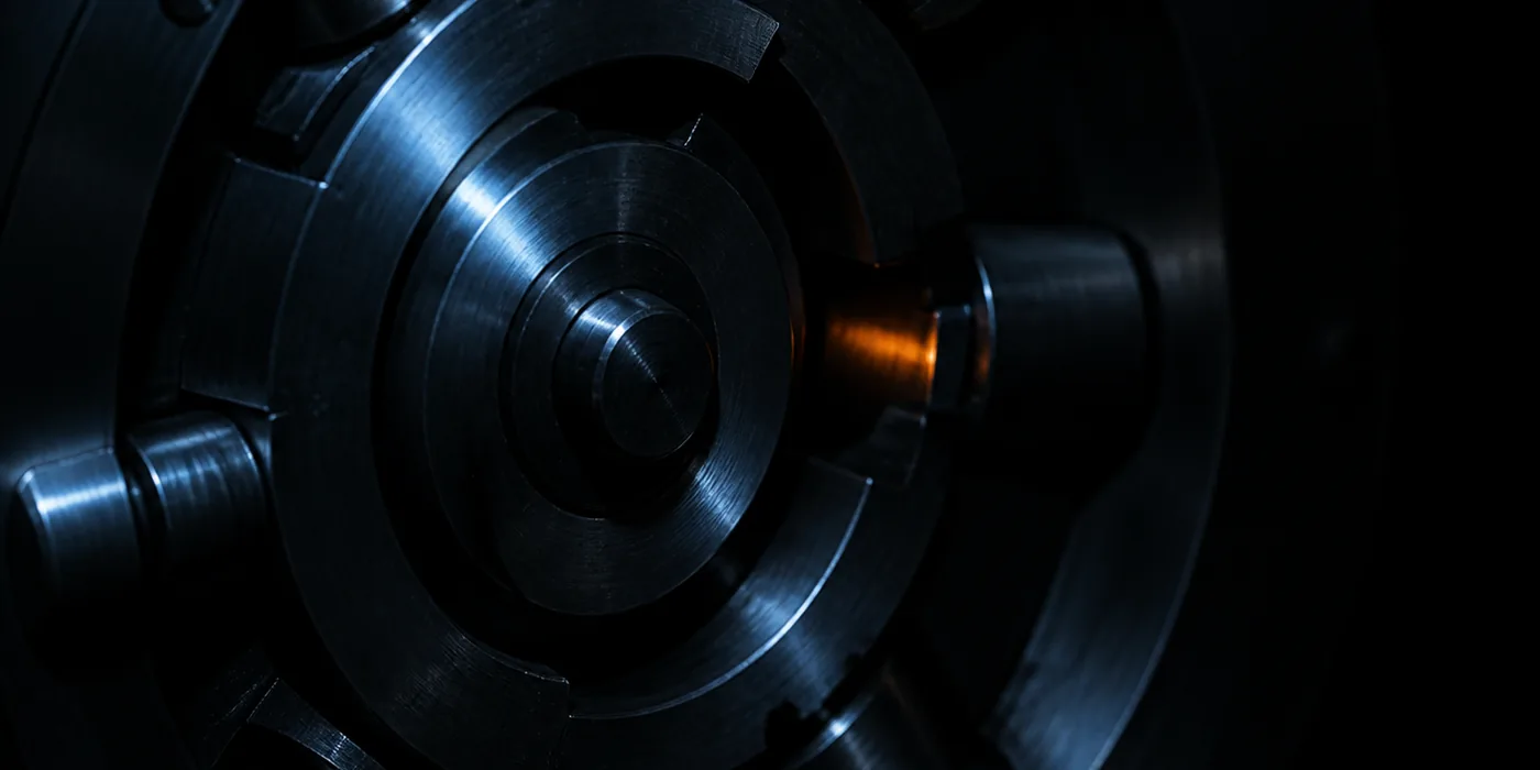Close view of the machined locking rings and radial bolts inside a heavy steel strongroom door, lit from one side